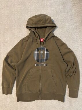 Burton Olive Zip-Up Hoodie with Plaid Logo